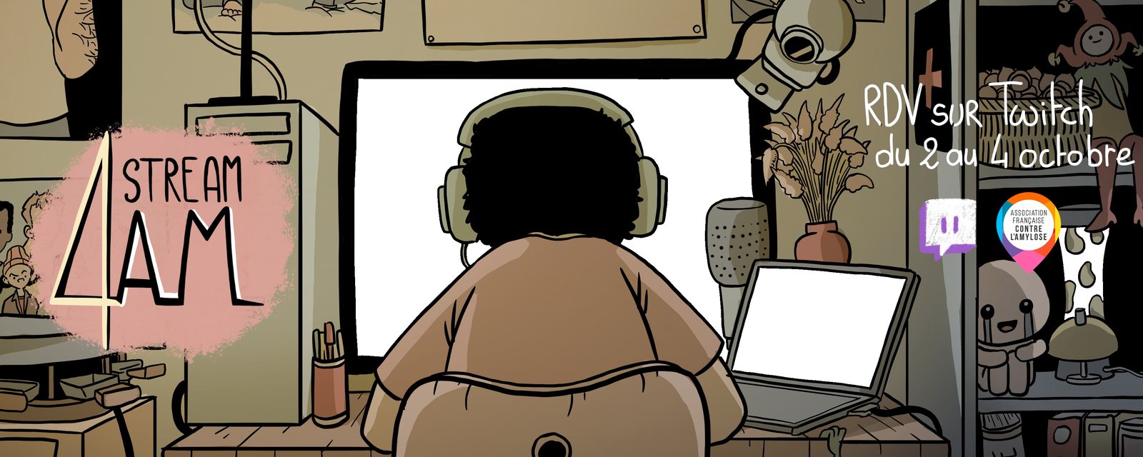Illustration : une personne au casque devant son écran, rendez-vous sur Twitch du 2 au 4 octobre